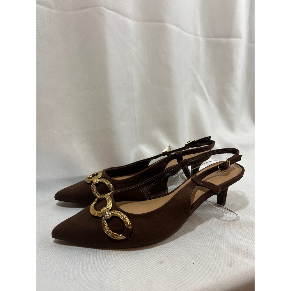 A New Day Brown Faux Suede Pointed Toe Slingback Kitten Heels Gold Chain 6.5